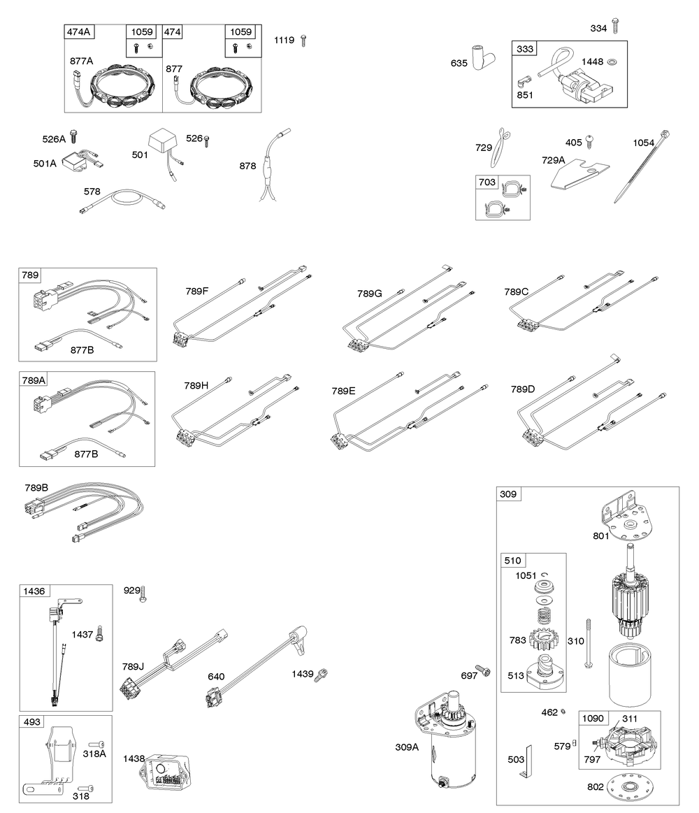 Alternator, Wire Harness, Starter, Ignition, Efm Diagram and Parts List for 44Q777-5046-G5 400000 - 699999 Briggs and Stratton Engine
